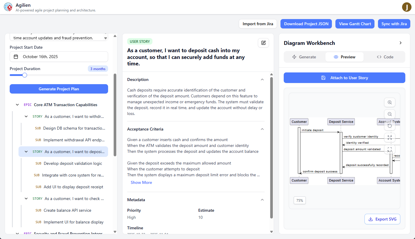 Screenshot of Agilien - A JIRA extension for creating initial project backlog with AI
