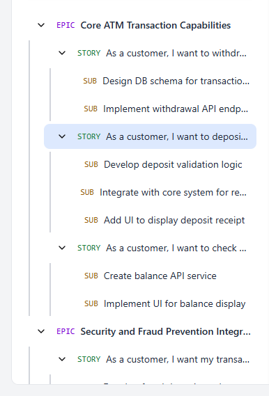 Project hierarchy in Agilien: Epics, Story, Subtasks