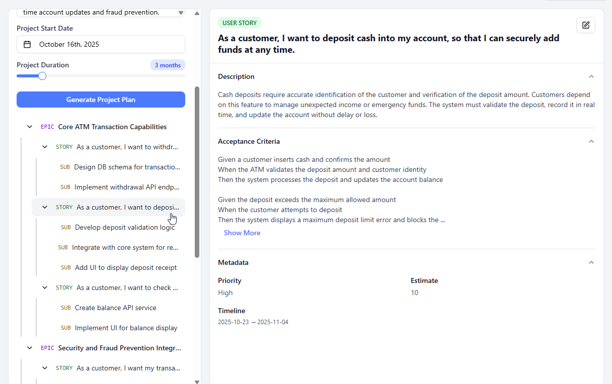 Details of a user story appears